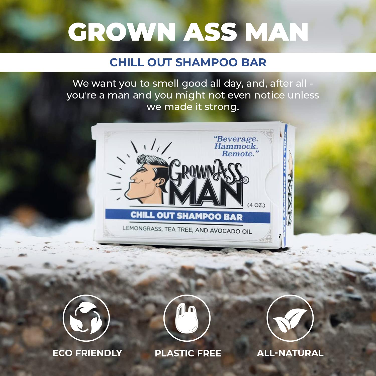 Grown Ass Man Co. Solid Shampoo Bar 3-in-1 Chill Out – Hair, Beard & Body Wash (Plastic Free, 4oz, 3-Pack)