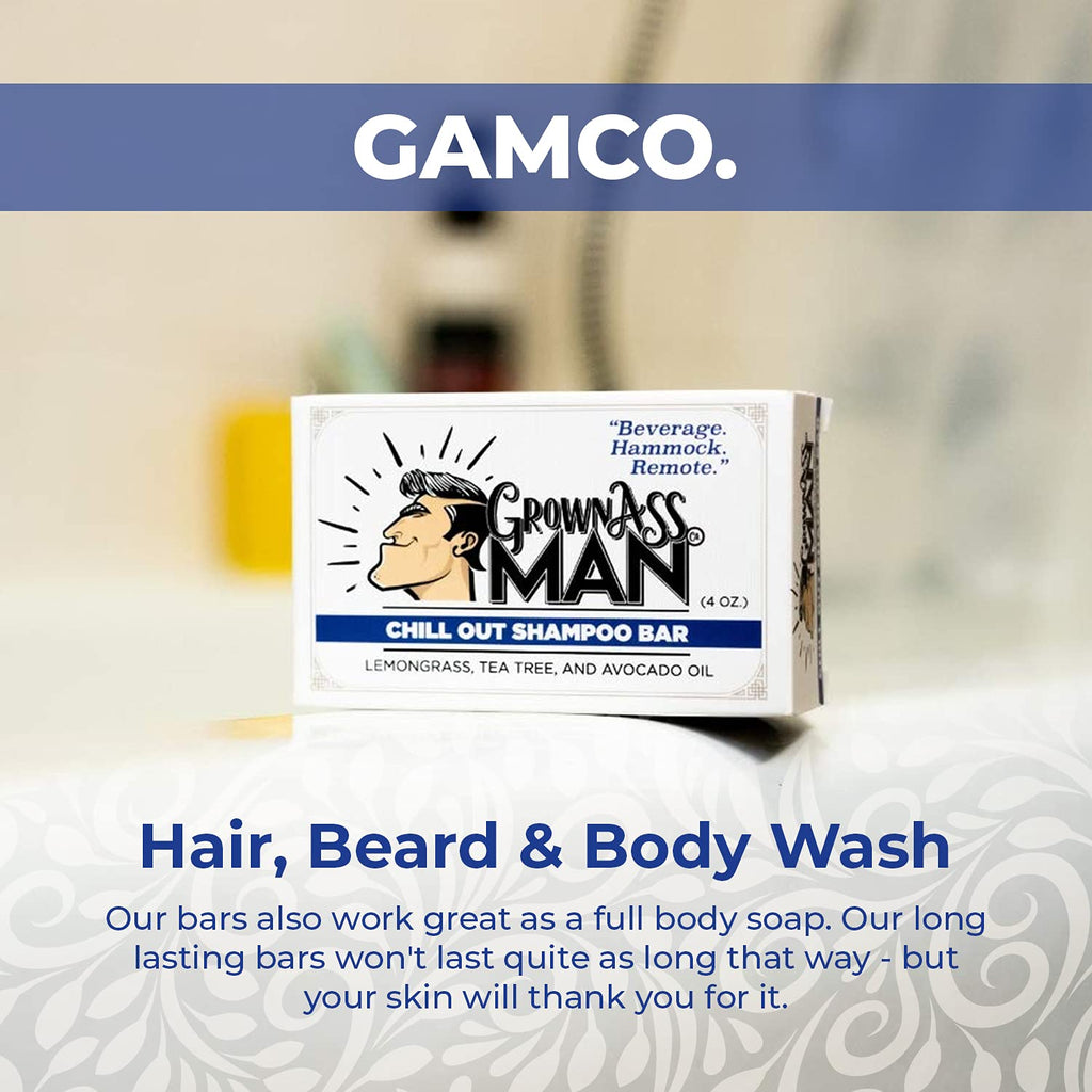 Grown Ass Man Co. Solid Shampoo Bar 3-in-1 Chill Out – Hair, Beard & Body Wash (Plastic Free, 4oz, 3-Pack)