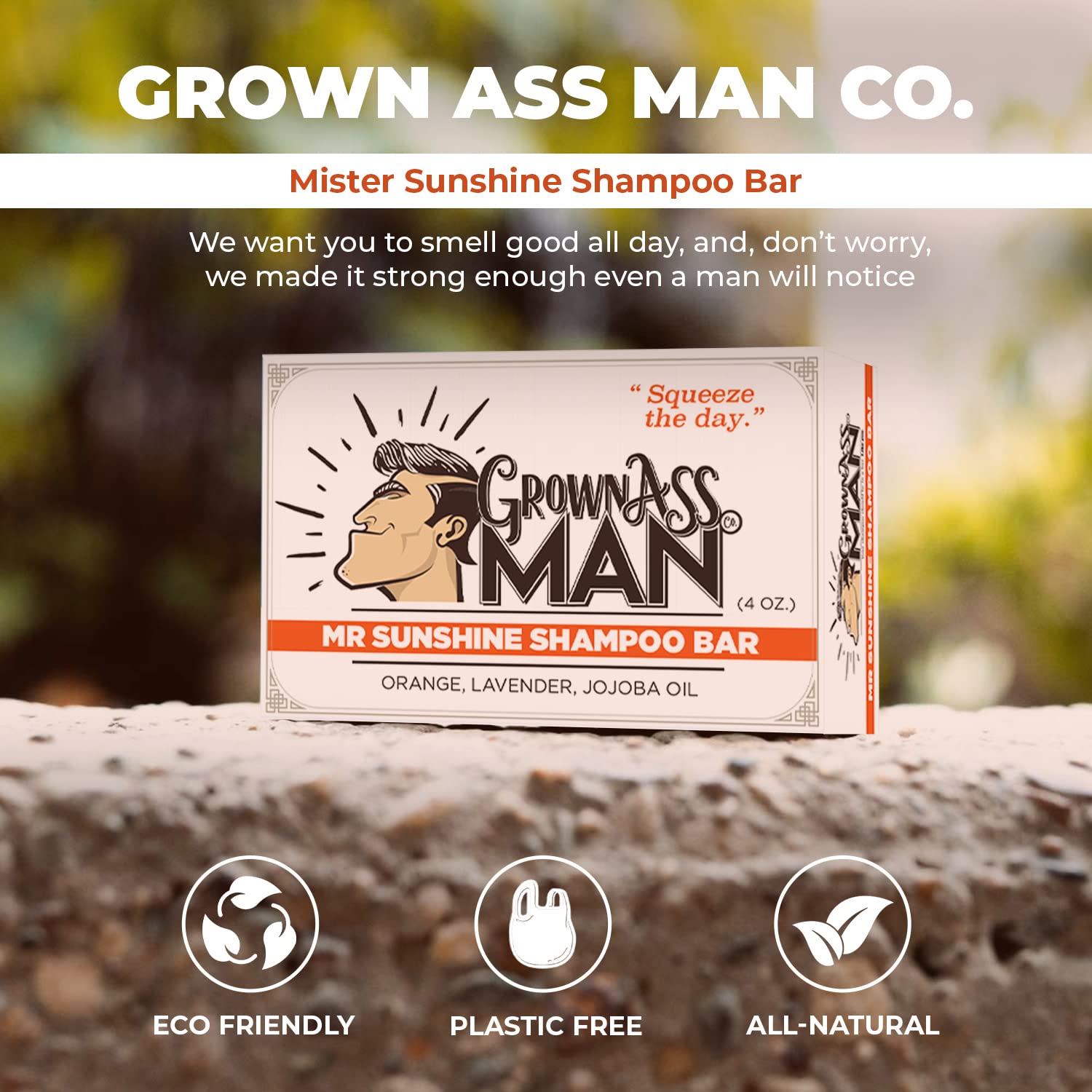 Grown Ass Man Co. Mister Sunshine Solid Shampoo Bar 3in1 – Hair, Beard & Body Wash | Plastic Free, Natural & Organic, 4oz | Mister Sunshine 6-Pack