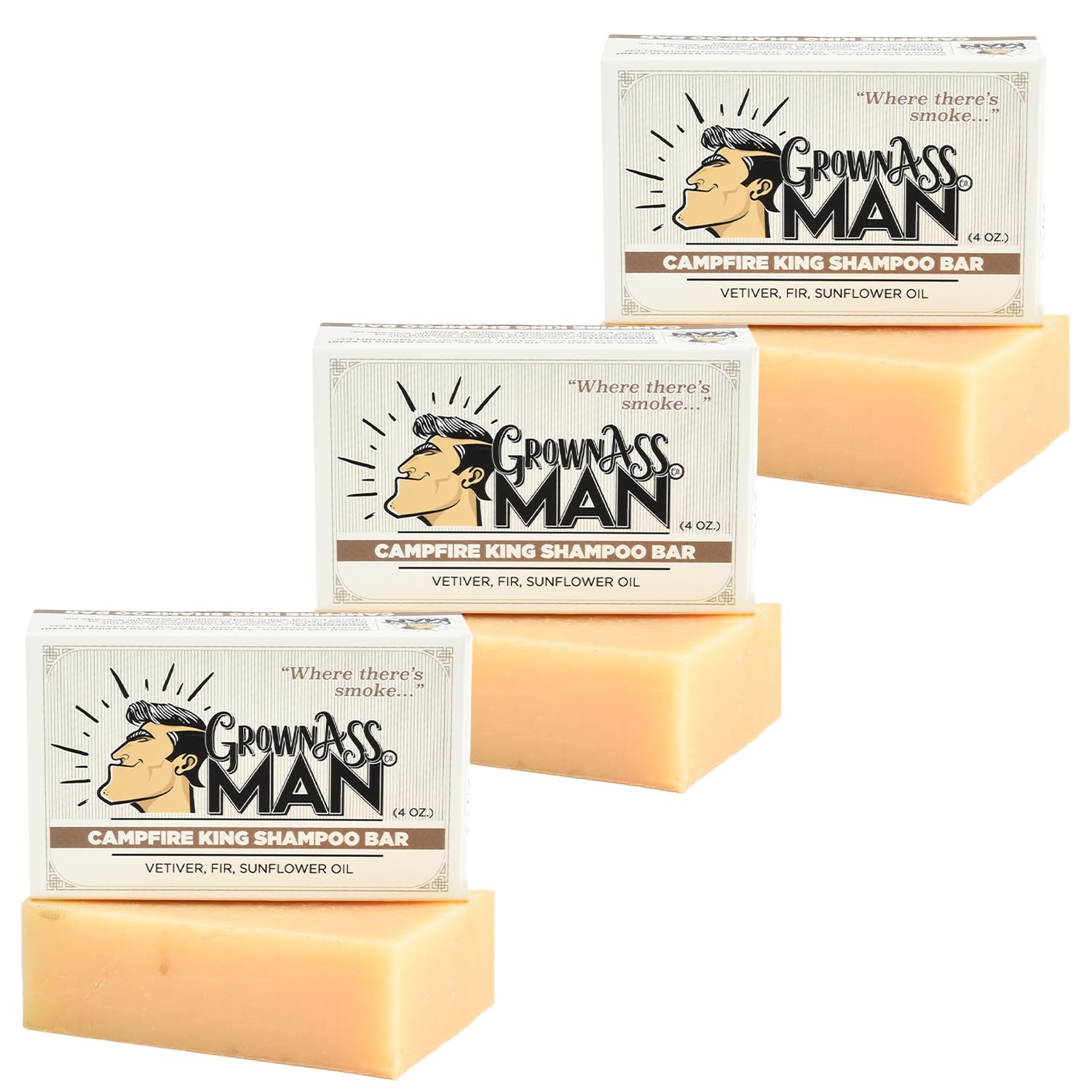 Grown Ass Man Co. Campfire King 3-in-1 Solid Shampoo Bar – Hair, Beard & Body, Plastic-Free, 4oz (3-Pack)