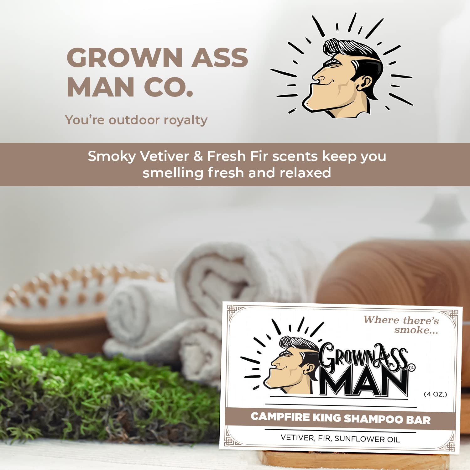 Grown Ass Man Co. Campfire King 3-in-1 Solid Shampoo Bar – Hair, Beard & Body, Plastic-Free, 4oz (3-Pack)