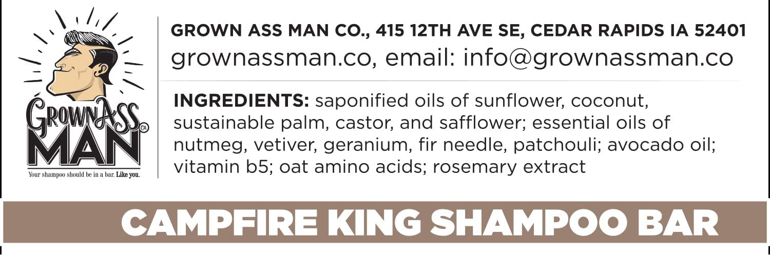 Grown Ass Man Co. Campfire King Solid Shampoo Bar – 3-in-1 Hair, Beard & Body Wash, Plastic Free, 4oz (6-Pack)
