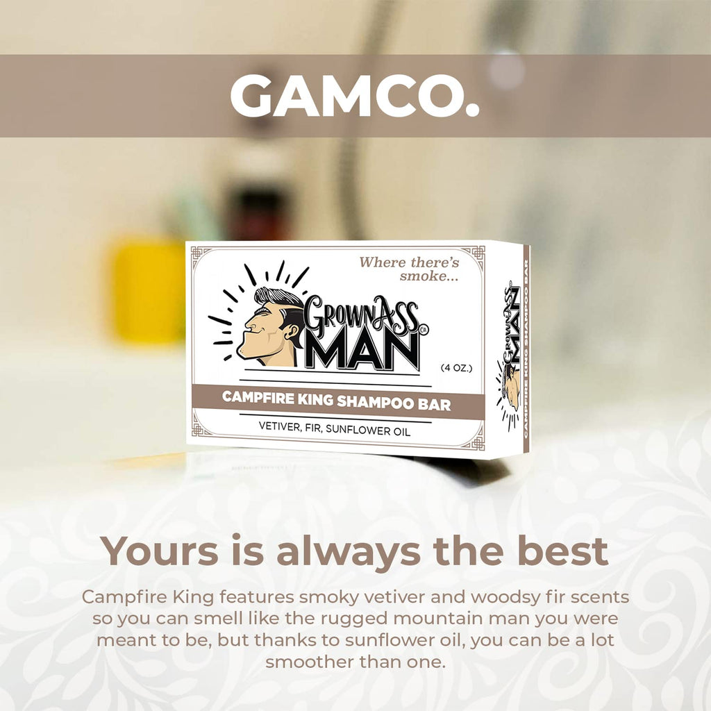 Grown Ass Man Co. Campfire King Solid Shampoo Bar – 3-in-1 Hair, Beard & Body Wash, Plastic Free, 4oz (6-Pack)
