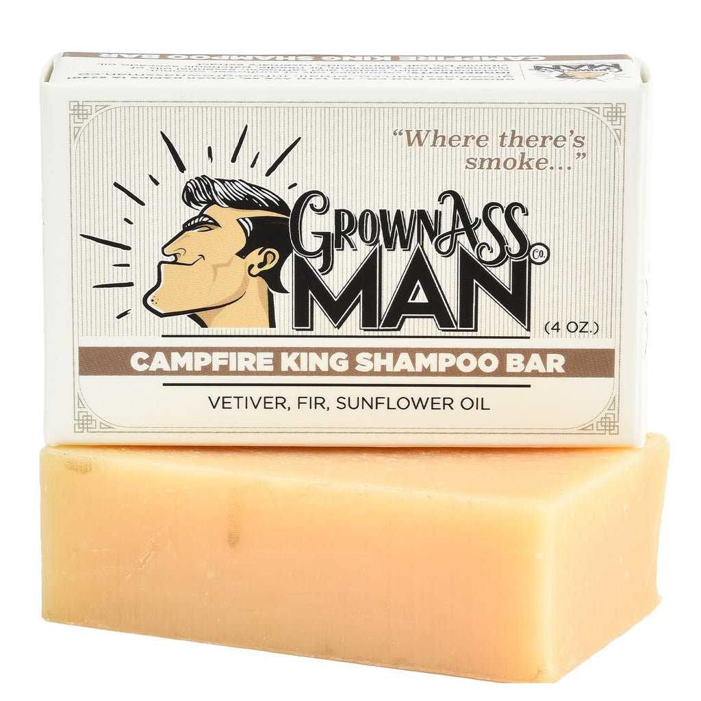 Grown Ass Man Co. Campfire King Solid Shampoo Bar – 3-in-1 Hair, Beard & Body Wash, Plastic Free, 4oz (6-Pack)