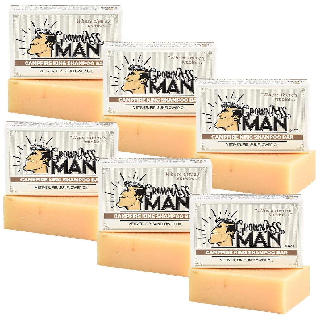 Grown Ass Man Co. Campfire King Solid Shampoo Bar – 3-in-1 Hair, Beard & Body Wash, Plastic Free, 4oz (6-Pack)