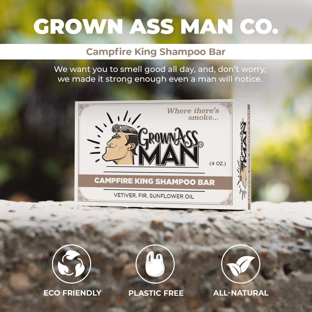 Grown Ass Man Co. Campfire King 3-in-1 Solid Shampoo Bar – Hair, Beard & Body, Plastic-Free, 4oz (3-Pack)