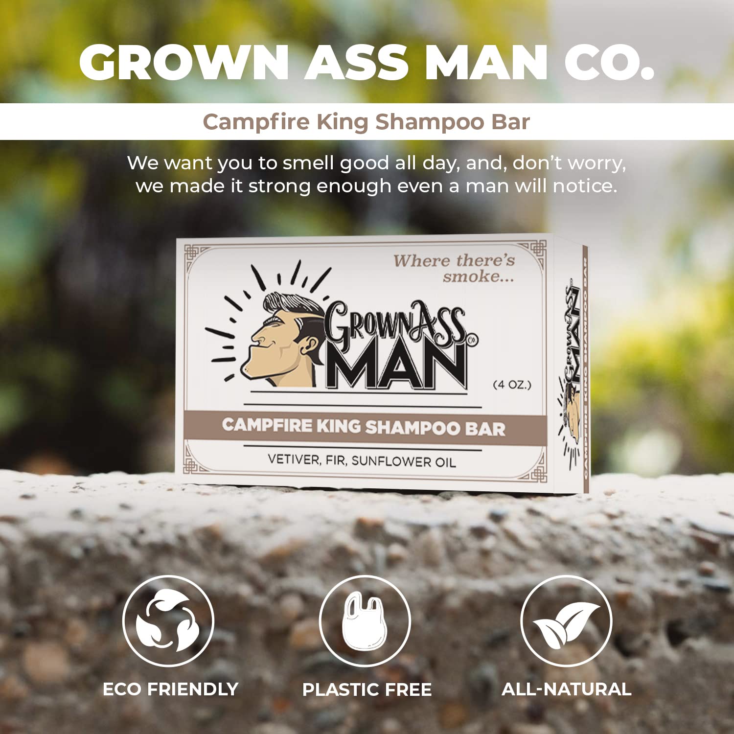 Grown Ass Man Co. Campfire King 3-in-1 Solid Shampoo Bar – Hair, Beard & Body, Plastic-Free, 4oz (3-Pack)
