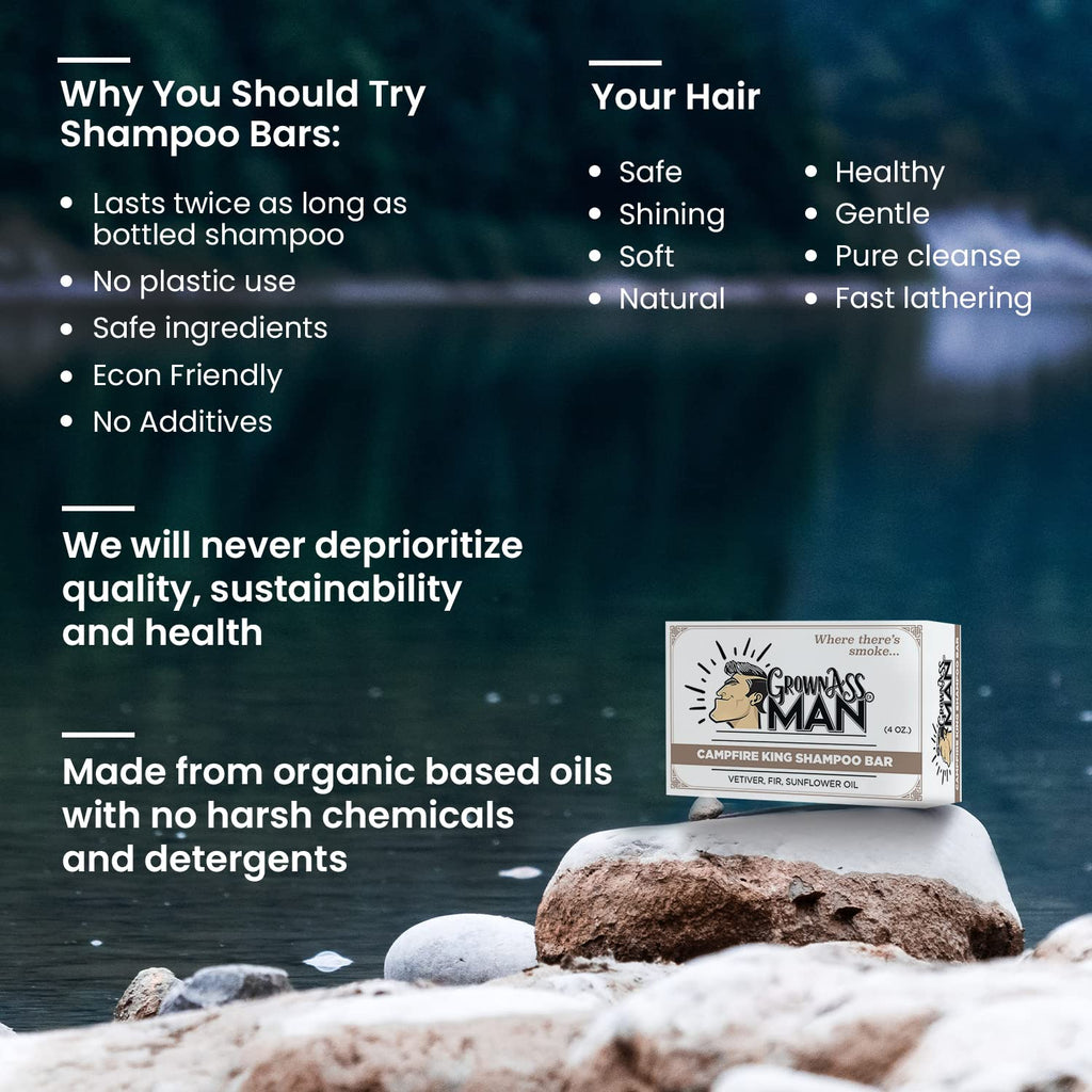 Grown Ass Man Co. Campfire King Solid Shampoo Bar – 3-in-1 Hair, Beard & Body Wash, Plastic Free, 4oz (6-Pack)