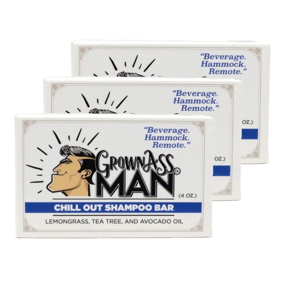 Grown Ass Man Co. Solid Shampoo Bar 3-in-1 Chill Out – Hair, Beard & Body Wash (Plastic Free, 4oz, 3-Pack)