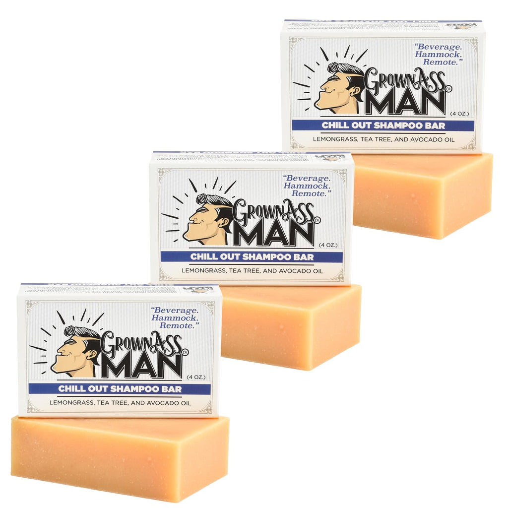 Grown Ass Man Co. Solid Shampoo Bar 3-in-1 Chill Out – Hair, Beard & Body Wash (Plastic Free, 4oz, 3-Pack)