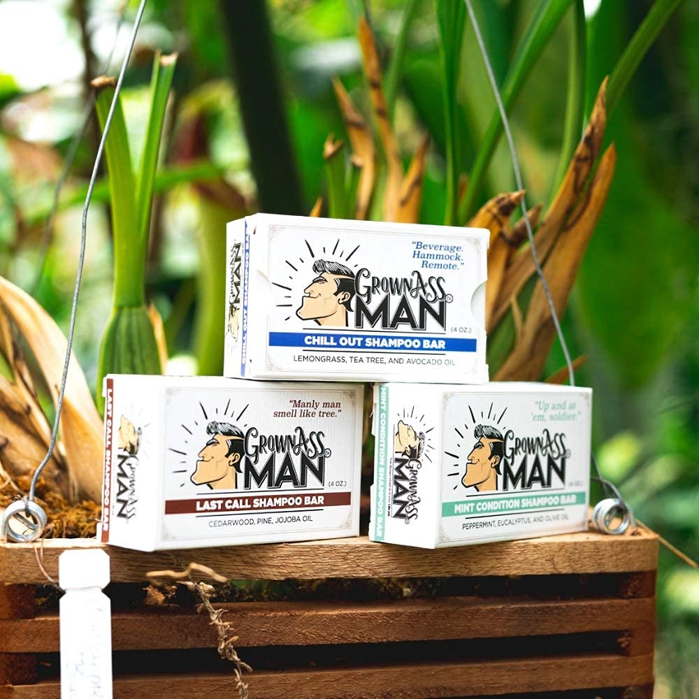 Grown Ass Man Co. Solid Shampoo Bar 3-in-1 – Hair, Beard & Body Wash, Plastic Free, 4oz (Chill Out)