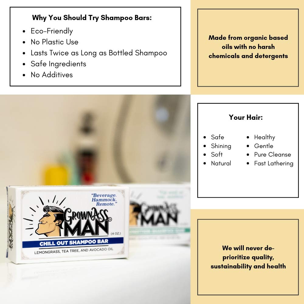 Grown Ass Man Co. Solid Shampoo Bar 3-in-1 – Hair, Beard & Body Wash, Plastic Free, 4oz (Chill Out)