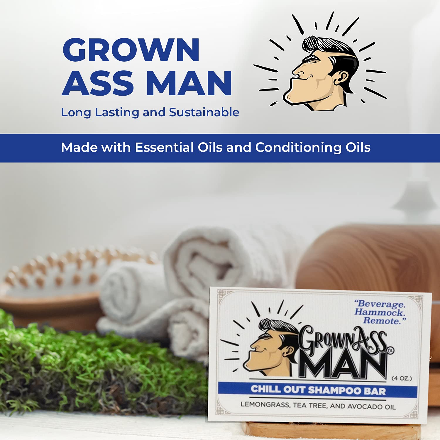 Grown Ass Man Co. Solid Shampoo Bar 3-in-1 Chill Out – Hair, Beard & Body Wash (Plastic Free, 4oz, 3-Pack)