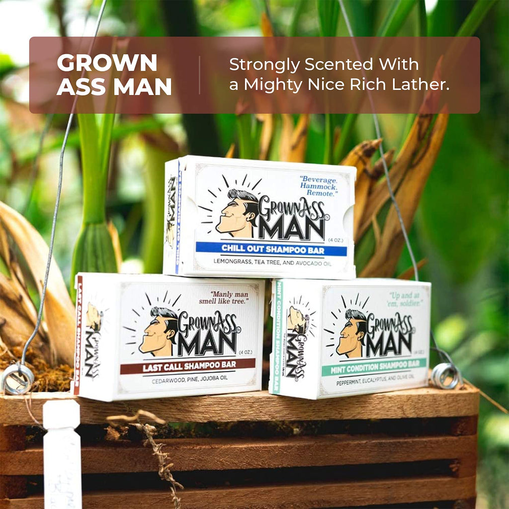 Grown Ass Man Co. Solid Shampoo Bar 3-in-1: Hair, Beard & Body Wash – Plastic Free & Eco-Friendly, 4oz
