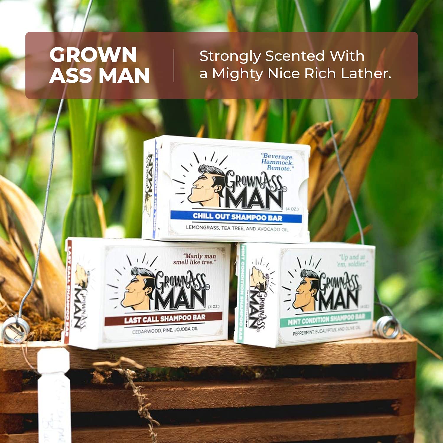 Grown Ass Man Co. Solid Shampoo Bar 3-in-1: Hair, Beard & Body Wash – Plastic Free & Eco-Friendly, 4oz