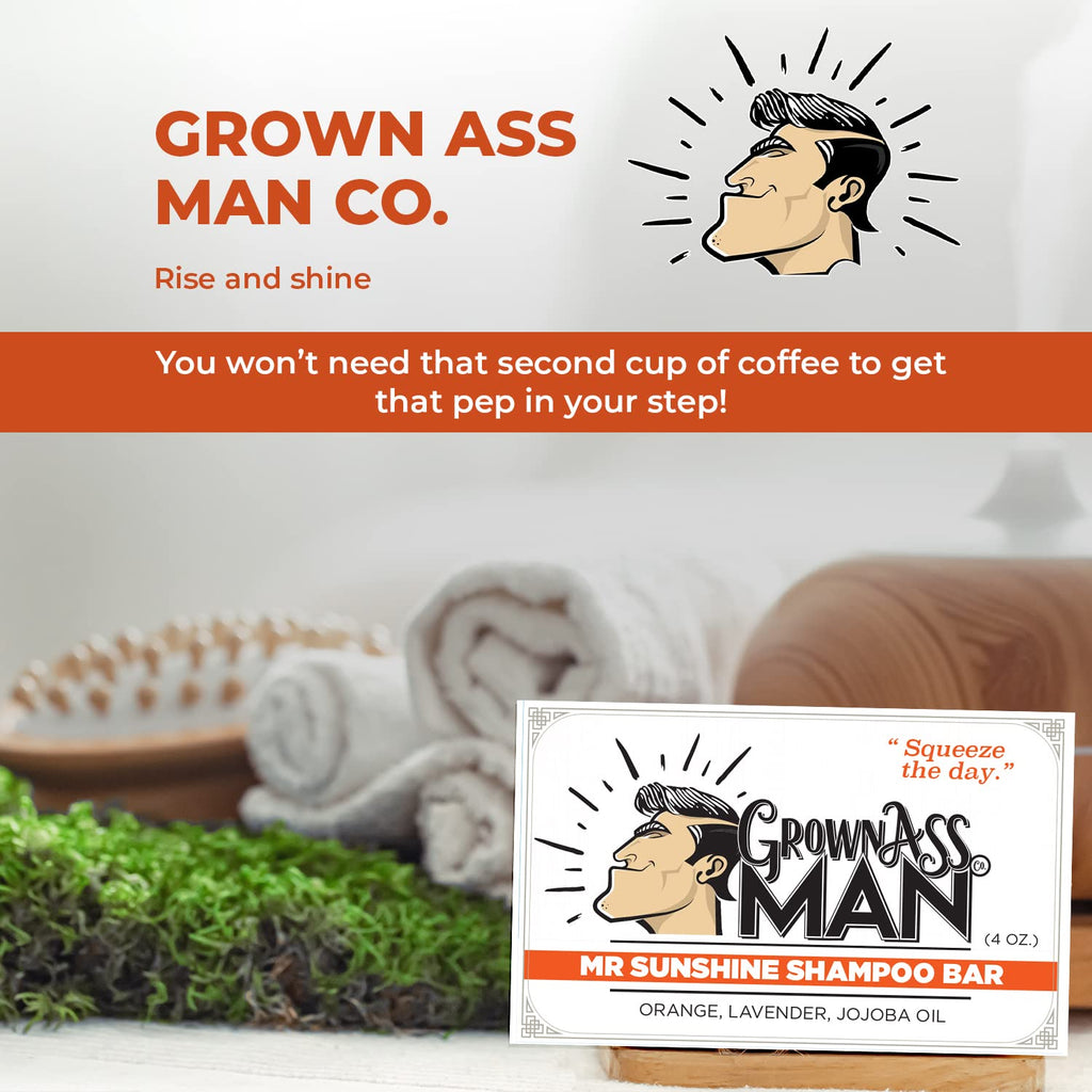 Grown Ass Man Co. Mister Sunshine Solid Shampoo Bar – 3 in 1 for Hair, Beard & Body, Plastic Free, 4oz
