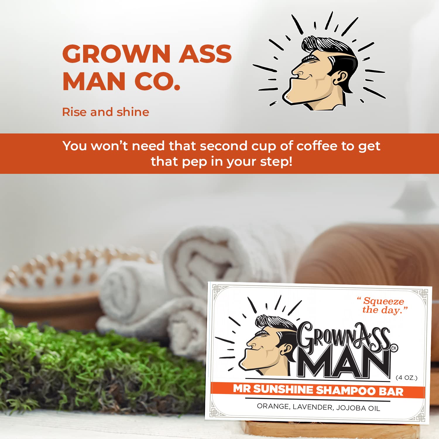 Grown Ass Man Co. Mister Sunshine Solid Shampoo Bar – 3 in 1 for Hair, Beard & Body, Plastic Free, 4oz