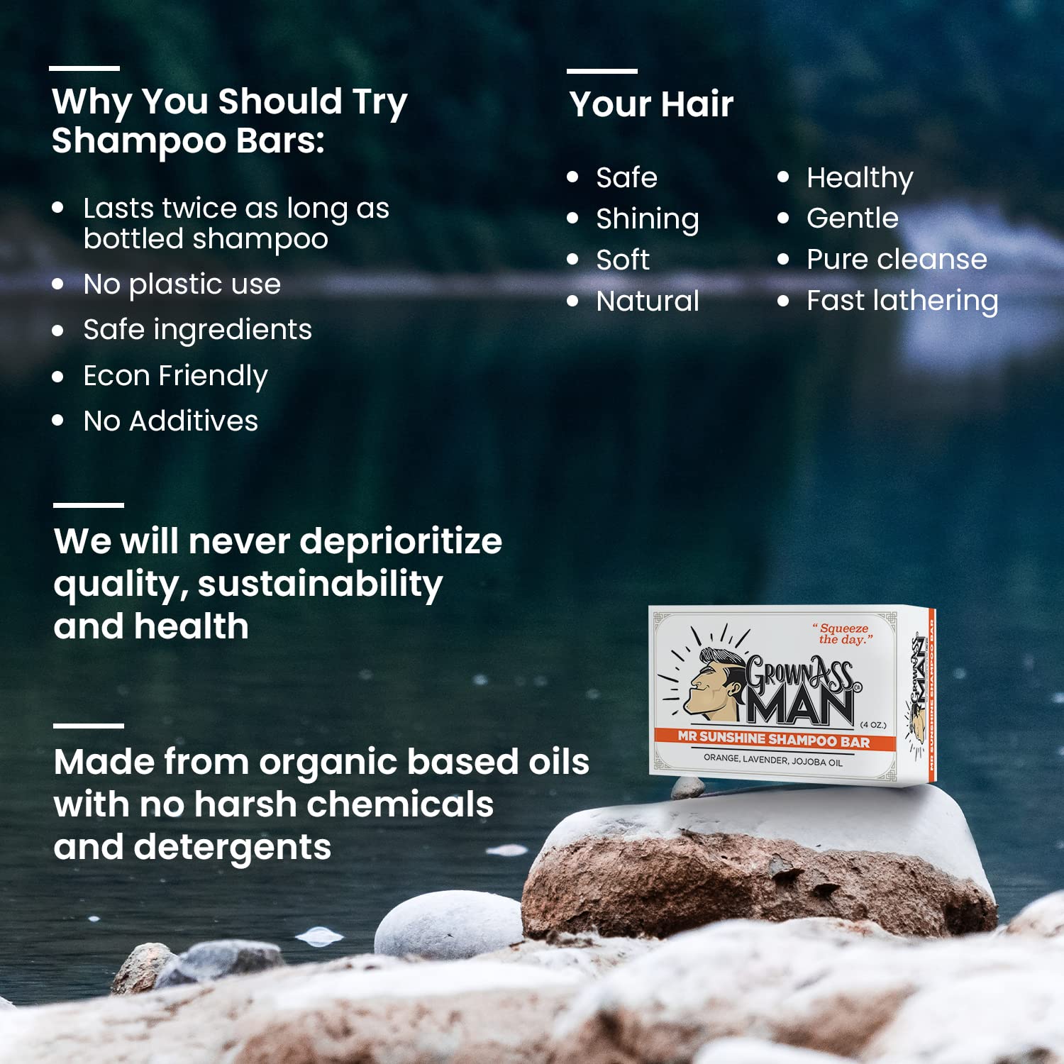 Grown Ass Man Co. Mister Sunshine Solid Shampoo Bar – 3 in 1 for Hair, Beard & Body, Plastic Free, 4oz