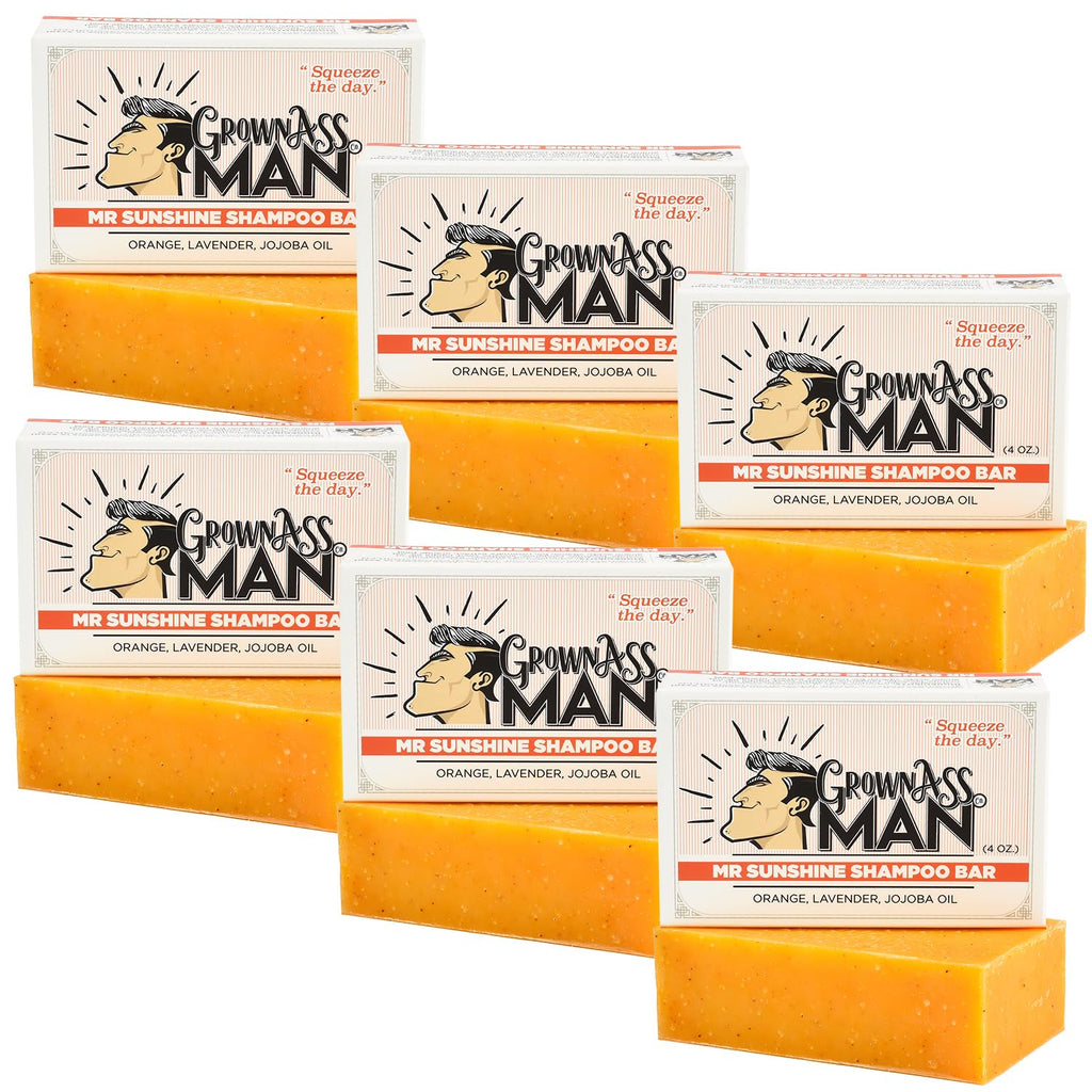 Grown Ass Man Co. Mister Sunshine Solid Shampoo Bar 3in1 – Hair, Beard & Body Wash | Plastic Free, Natural & Organic, 4oz | Mister Sunshine 6-Pack