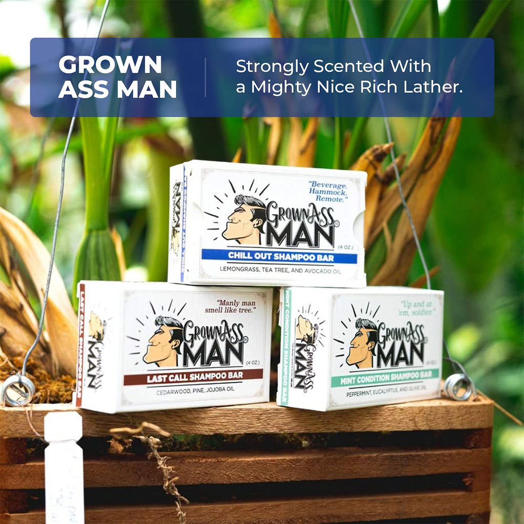 Grown Ass Man Co. Solid Shampoo Bar 3-in-1 Chill Out – Hair, Beard & Body Wash (Plastic Free, 4oz, 3-Pack)