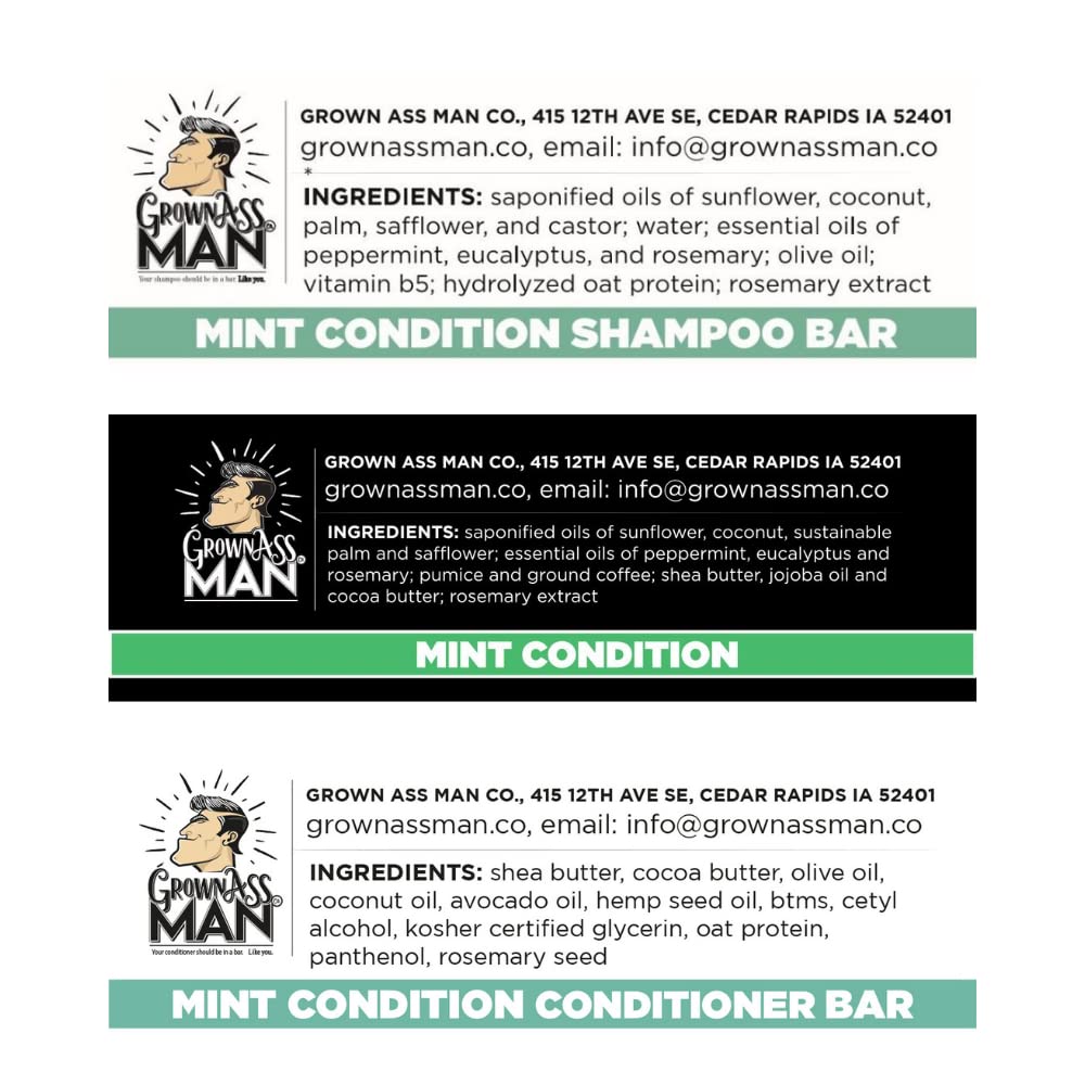 Grown Ass Man Co. Full Bath Bundle For Men - Mint Condition Shampoo Bar, Conditioner Bar & Body Bar (Plastic Free & Vegan)