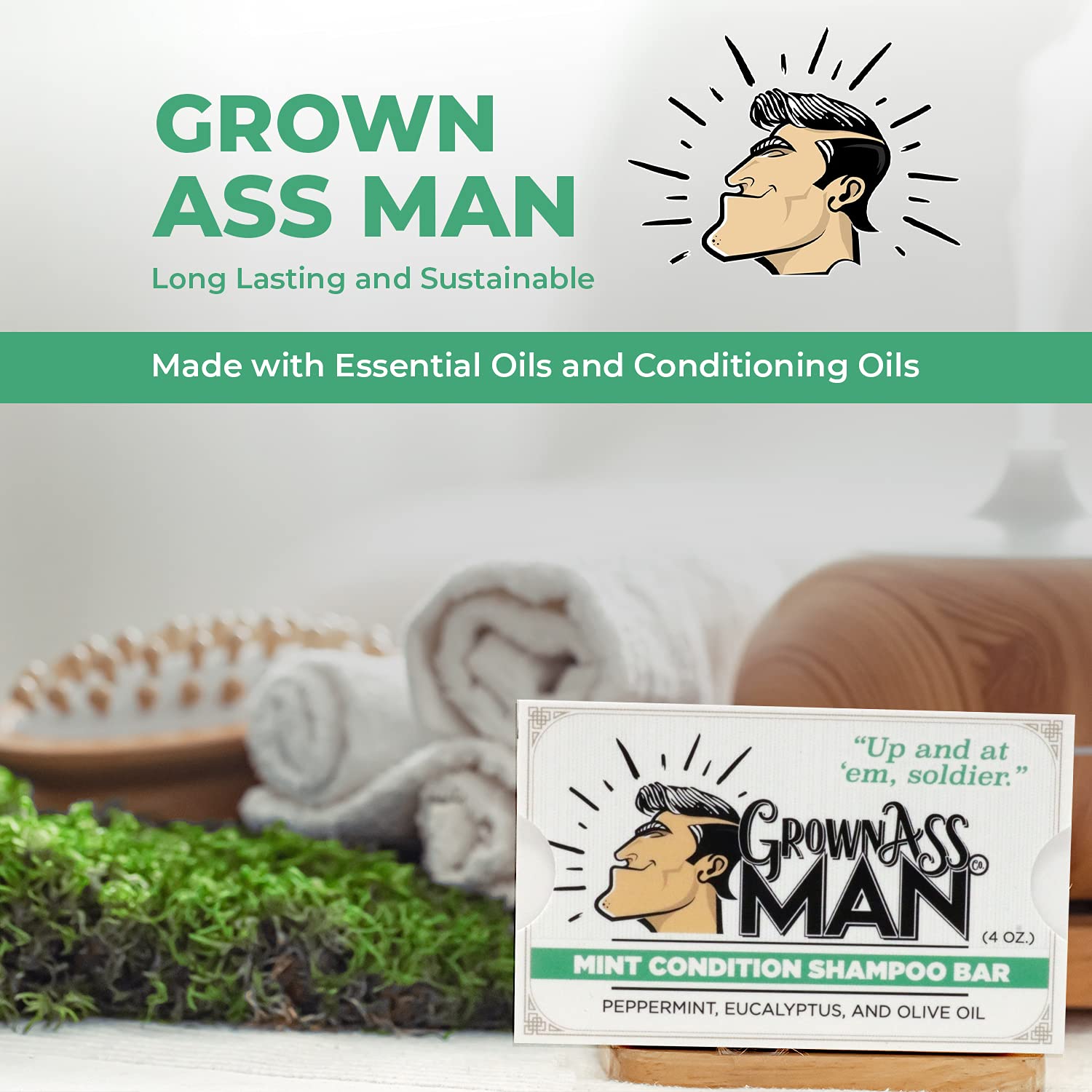 Grown Ass Man Co. Solid Shampoo Bar 3 in 1 | Hair, Beard & Body Wash • Mint Condition 4oz Bar (3-Pack) • Plastic-Free
