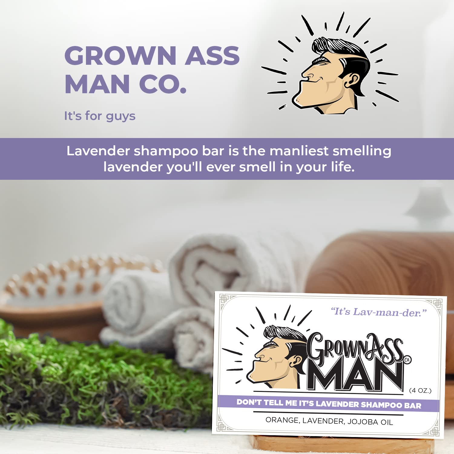 Grown Ass Man Co. Solid Shampoo Bar – 3-in-1 Hair, Beard & Body Wash, Lavender, 4oz (3-Pack)