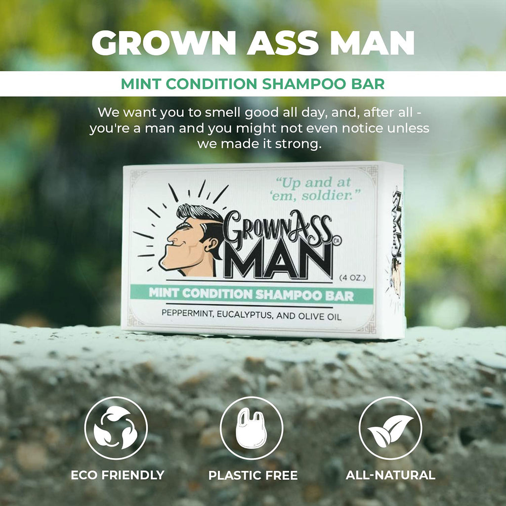 Grown Ass Man Co. Solid Shampoo Bar 3 in 1 | Hair, Beard & Body Wash • Mint Condition 4oz Bar (3-Pack) • Plastic-Free