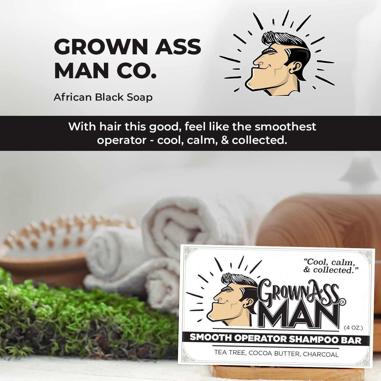 Grown Ass Man Co. Smooth Operator Solid Shampoo Bar – 3 in 1 Hair, Beard & Body Wash | Plastic Free