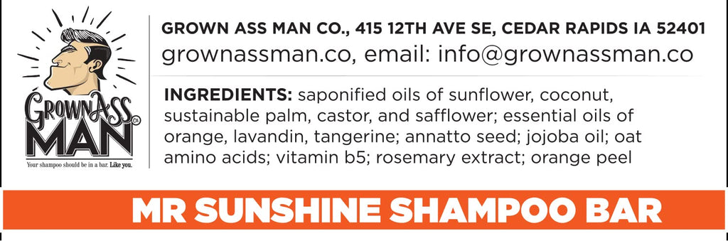 Grown Ass Man Co. Mister Sunshine Solid Shampoo Bar 3in1 – Hair, Beard & Body Wash | Plastic Free, Natural & Organic, 4oz | Mister Sunshine 6-Pack