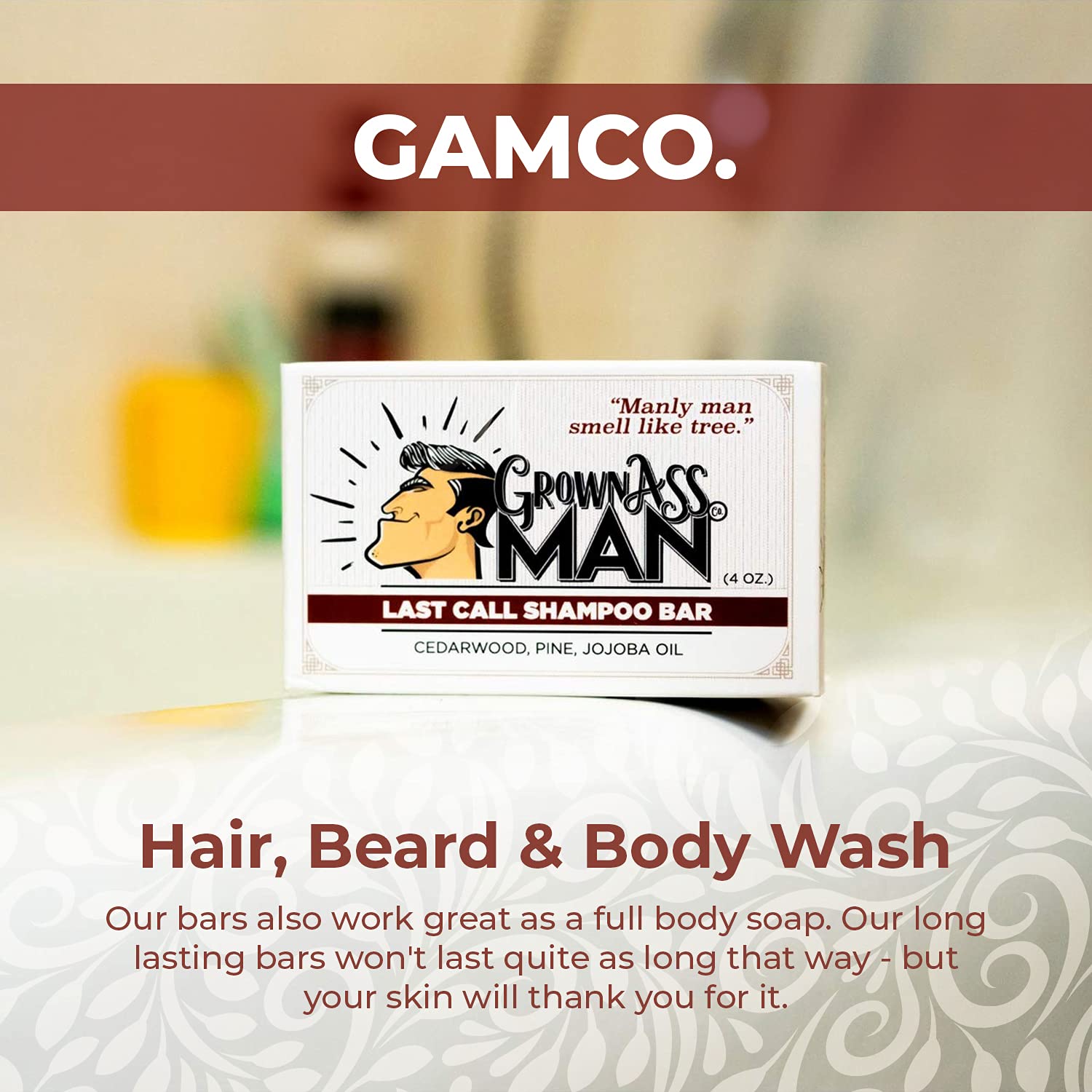 Grown Ass Man Co. Solid Shampoo Bar 3-in-1: Hair, Beard & Body – Plastic-Free, Natural & Organic, 4oz (Last Call, 3-Pack)