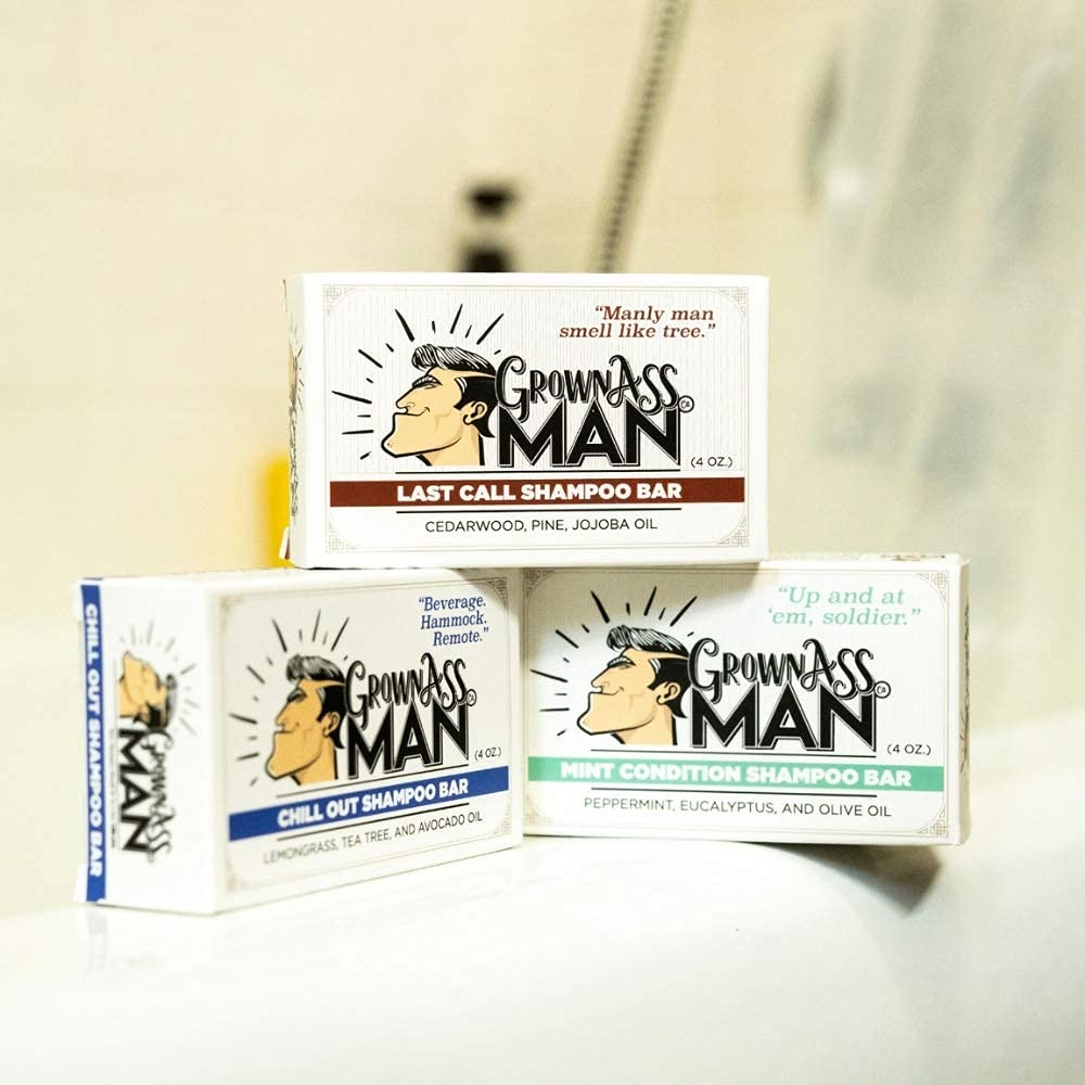 Grown Ass Man Co. Solid Shampoo Bar 3 in 1 – Hair, Beard & Body Wash (4oz) | Plastic Free, 6-Pack Variety