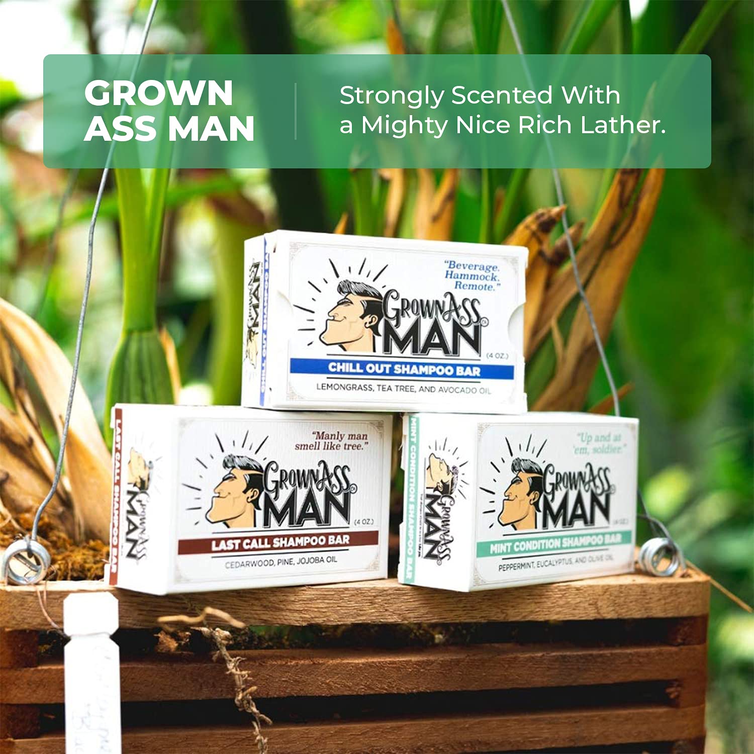 Grown Ass Man Co. Solid Shampoo Bar 3 in 1 – Hair, Beard & Body Wash (4oz) | Plastic Free, 6-Pack Variety