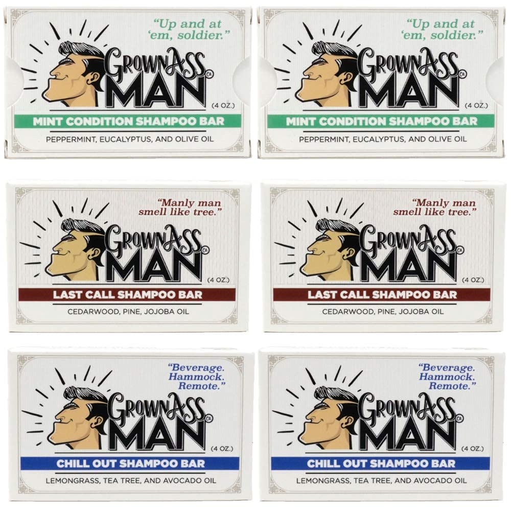 Grown Ass Man Co. Solid Shampoo Bar 3 in 1 – Hair, Beard & Body Wash (4oz) | Plastic Free, 6-Pack Variety