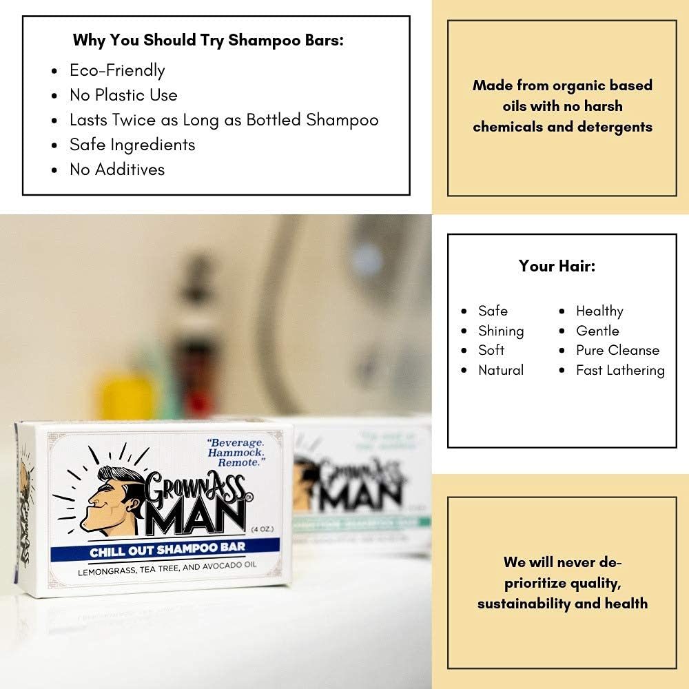 Grown Ass Man Co. Solid Shampoo Bar 3 in 1 – Hair, Beard & Body Wash (4oz) | Plastic Free, 6-Pack Variety
