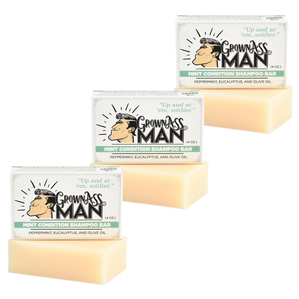 Grown Ass Man Co. Solid Shampoo Bar 3 in 1 | Hair, Beard & Body Wash • Mint Condition 4oz Bar (3-Pack) • Plastic-Free