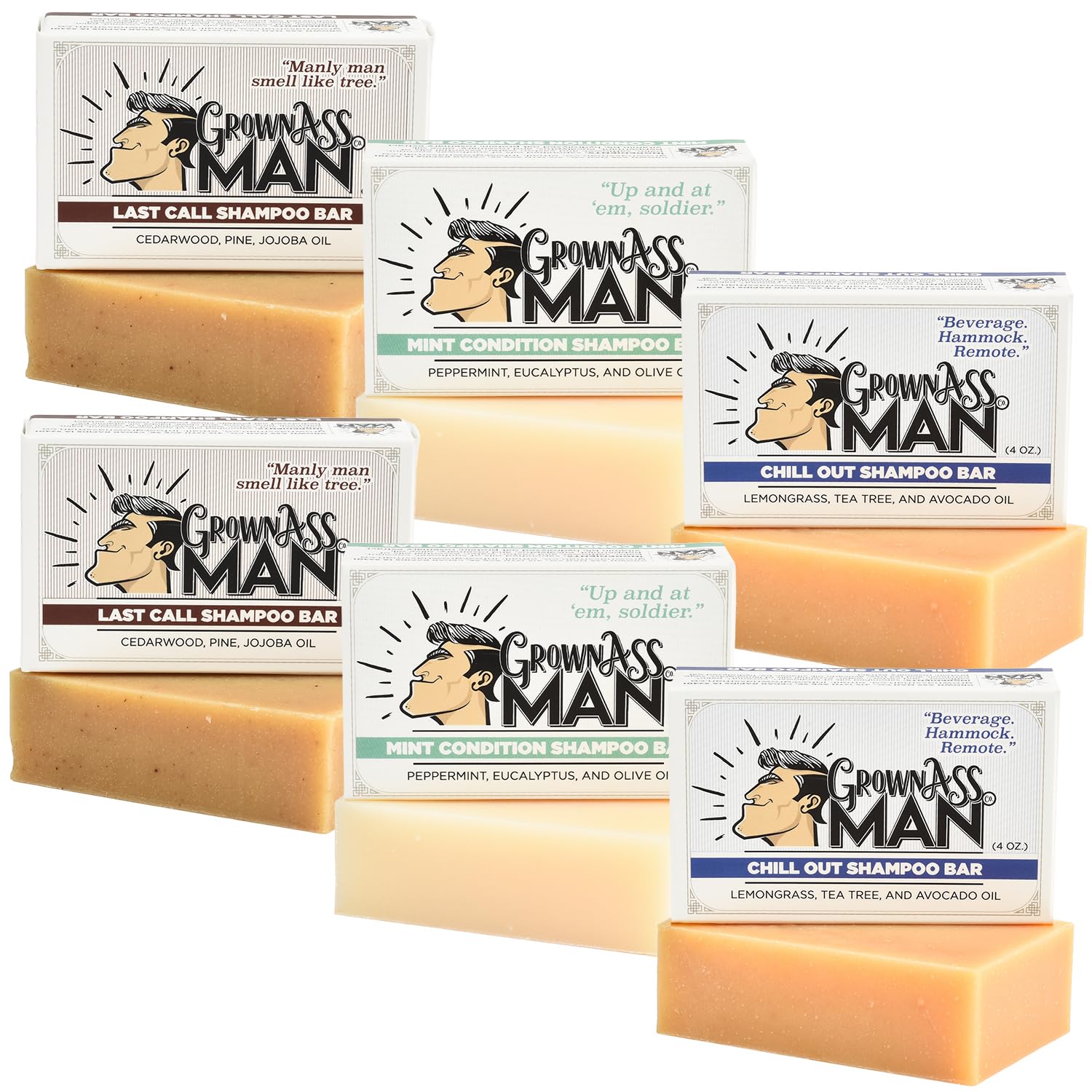 Grown Ass Man Co. Solid Shampoo Bar 3 in 1 – Hair, Beard & Body Wash (4oz) | Plastic Free, 6-Pack Variety