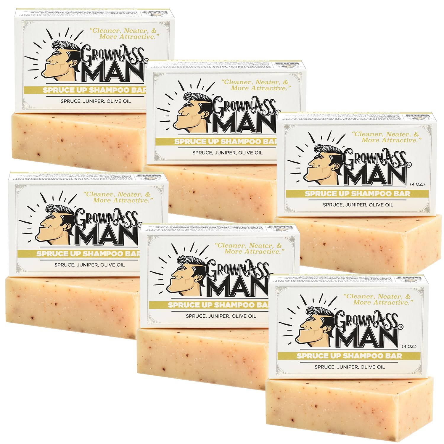 Grown Ass Man Co. Spruce Up Solid Shampoo Bar – 3-in-1 for Hair, Beard & Body, Plastic-Free, Natural & Organic, 4oz (6-Pack)