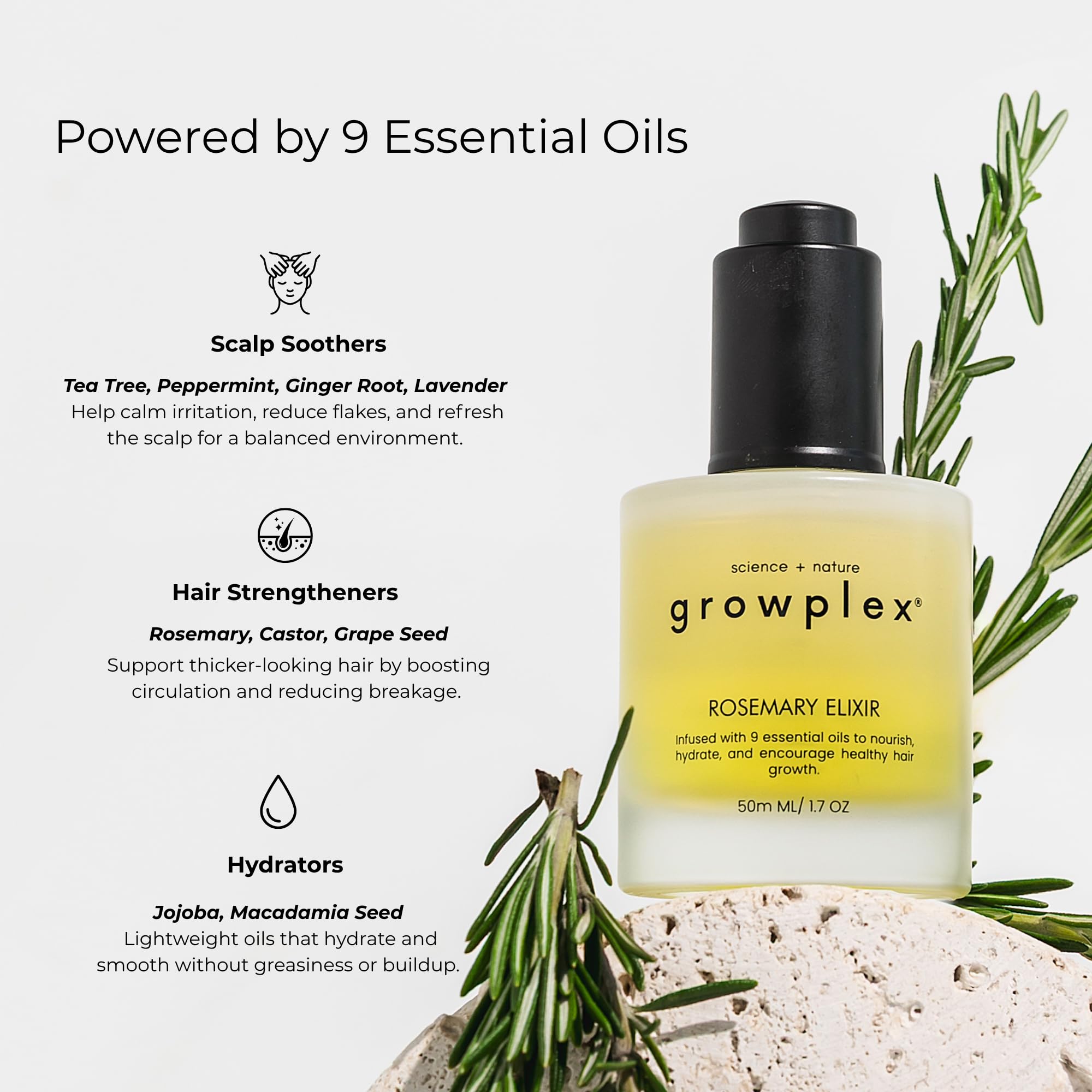 Growplex Rosemary Elixir – Daily Scalp Oil with 9 Essential Oils | Lightweight & Non-Greasy | 2oz