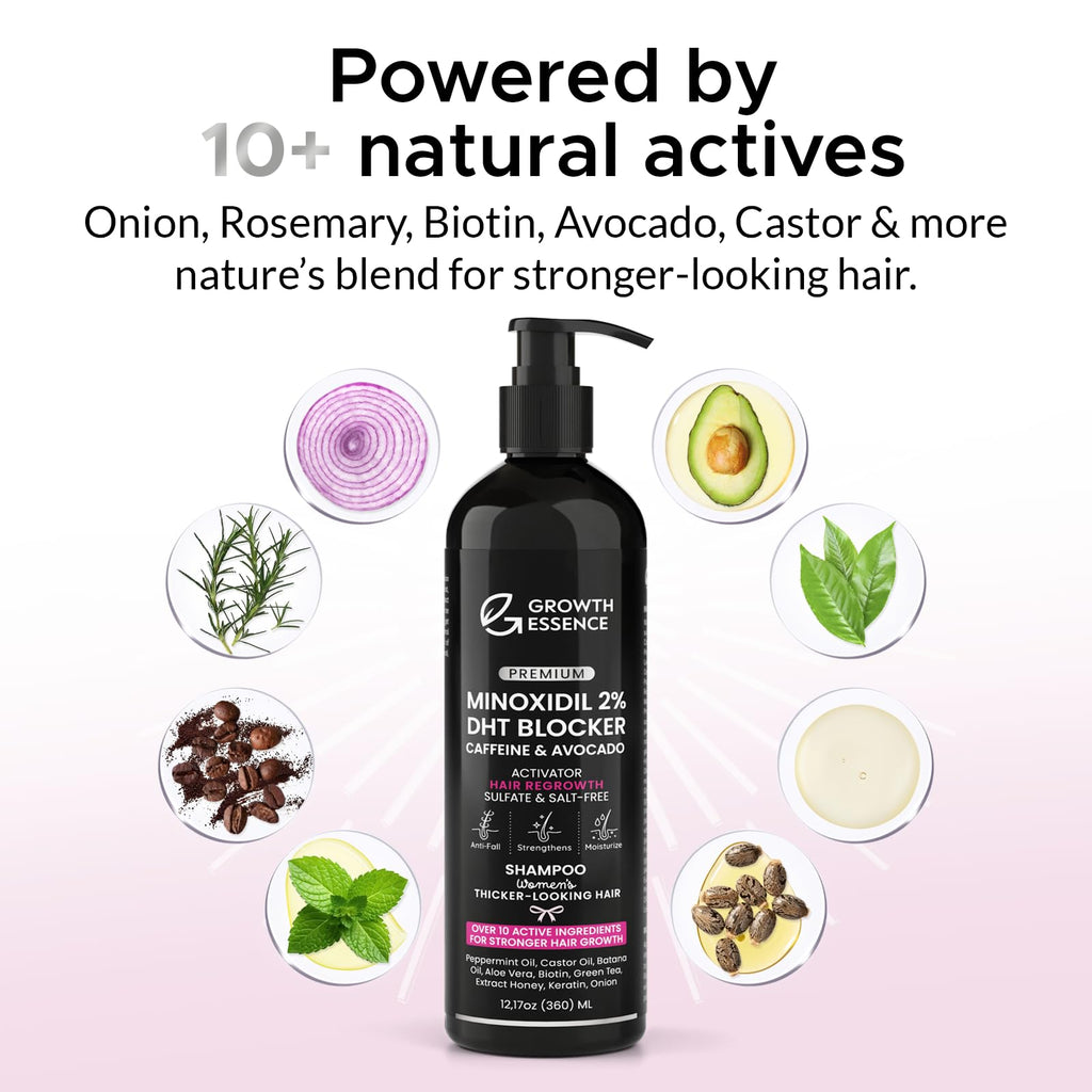 Growth Essence Minoxidil Shampoo for Women – 2% Regrowth Formula with Biotin, Caffeine & DHT Blockers