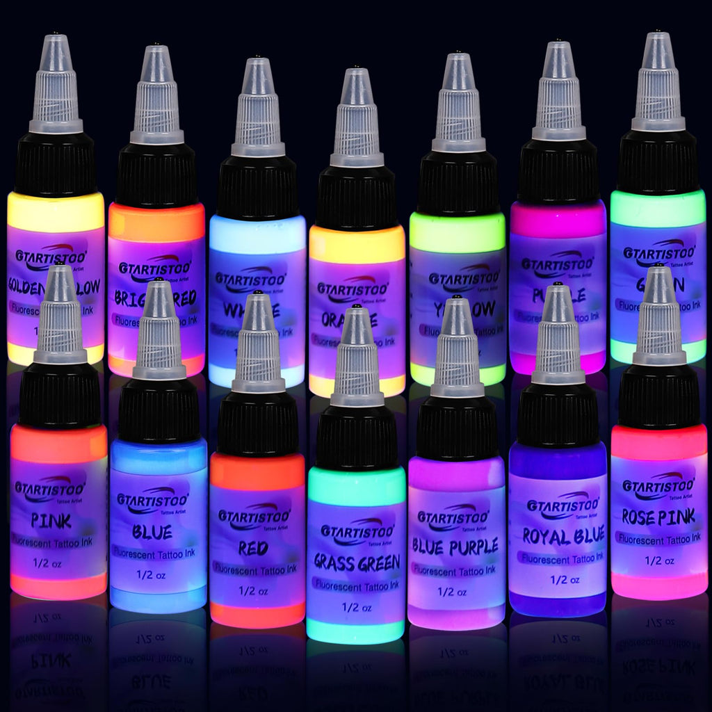 GTARTISTOO 14 Color Tattoo Ink Set (15ml) – UV Glow & High-Pigment Inks