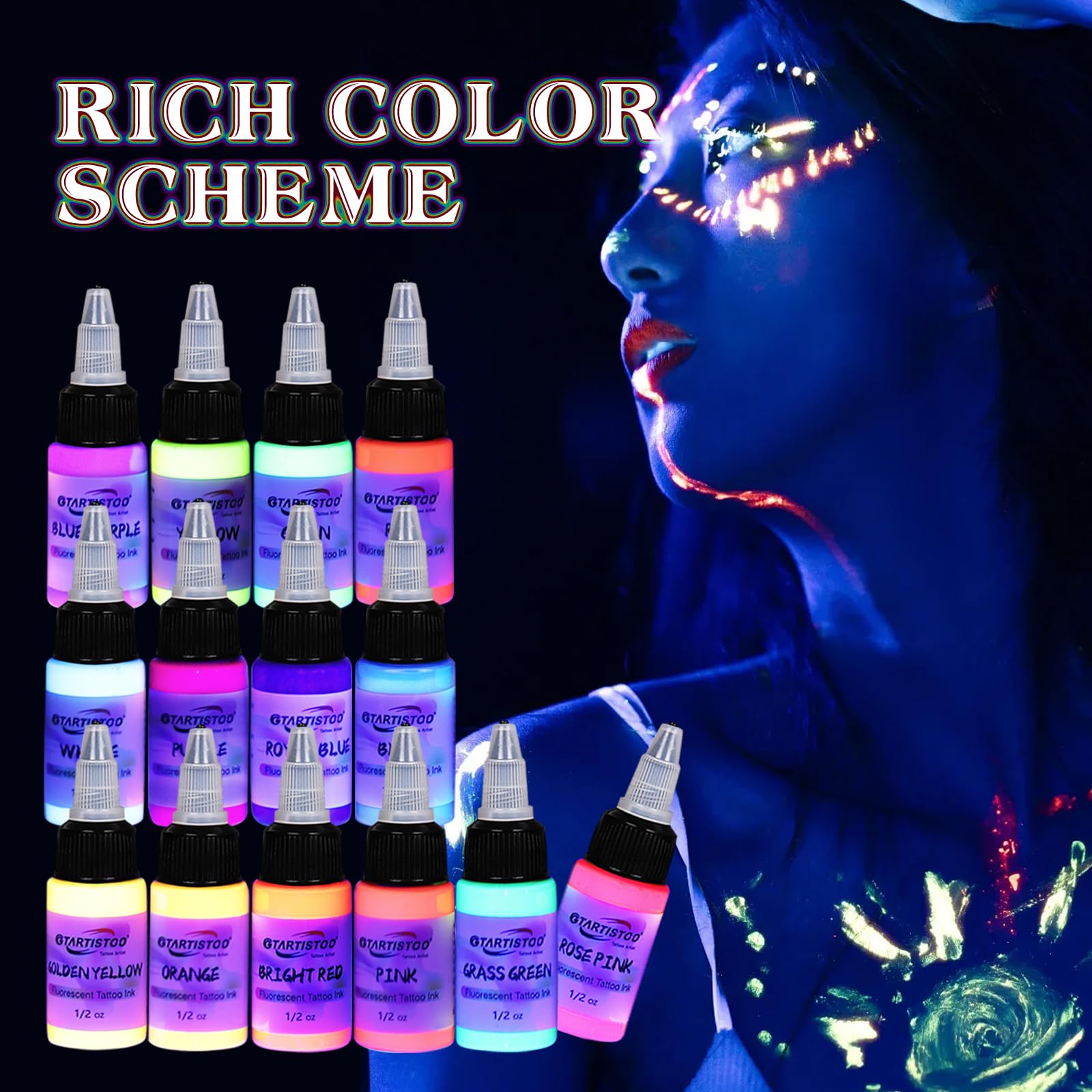 GTARTISTOO 14 Color Tattoo Ink Set (15ml) – UV Glow & High-Pigment Inks