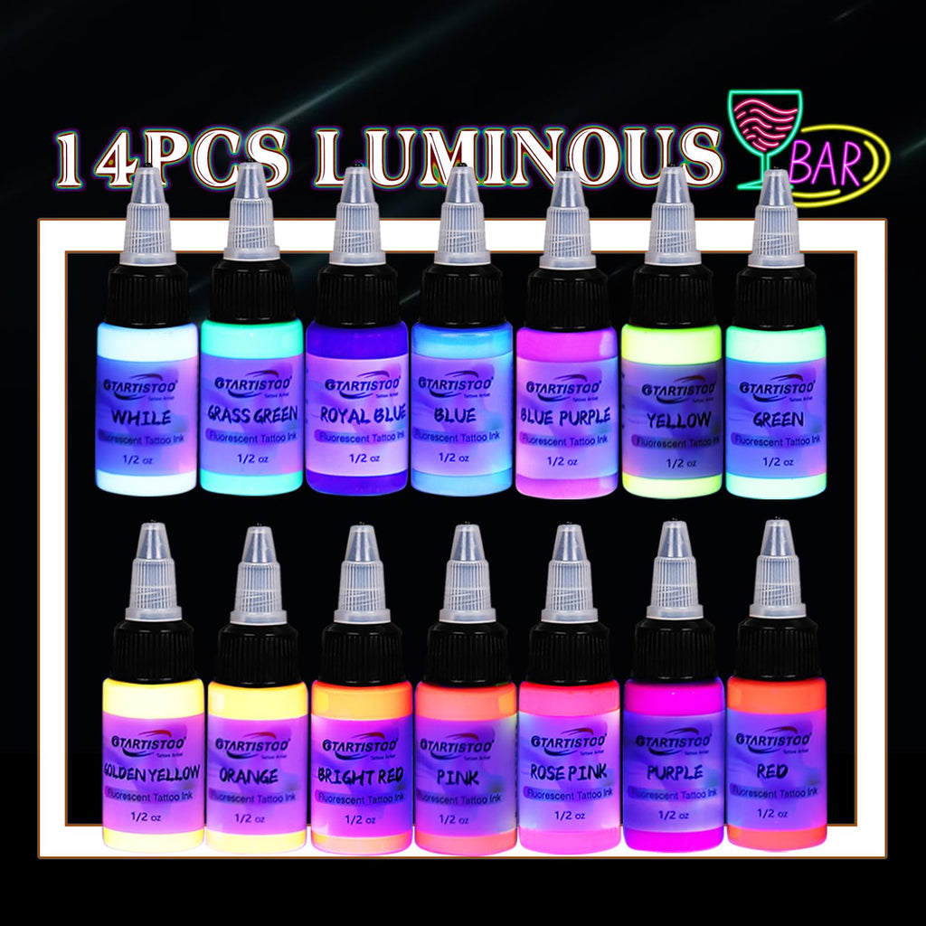 GTARTISTOO 14 Color Tattoo Ink Set (15ml) – UV Glow & High-Pigment Inks