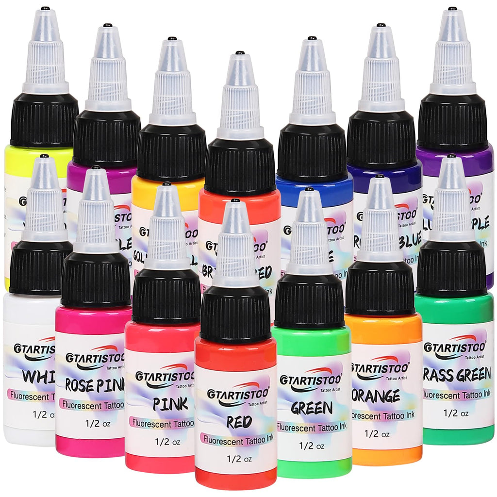 GTARTISTOO 14 Color Tattoo Ink Set (15ml) – UV Glow & High-Pigment Inks