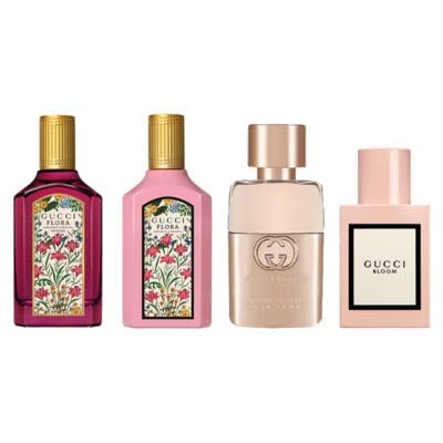 Gucci Minis Set: Flora Gorgeous Gardenia, Bloom, Guilty Pour Femme, Intense – 4 x 0.17 oz Travel Perfumes