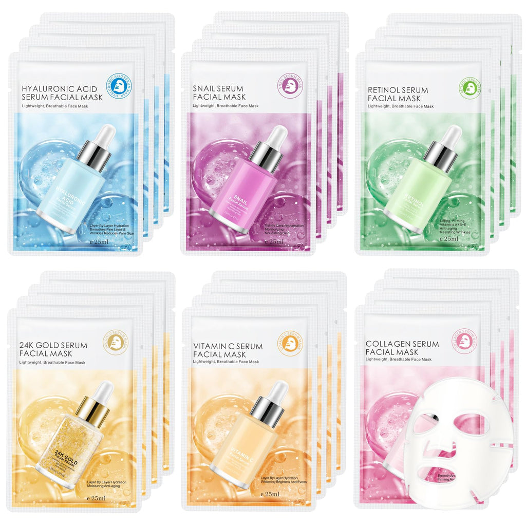 GUOYAOLIFU 24 Pack Serum Sheet Masks | Hydrating & Nourishing Facial Masks for All Skin Types