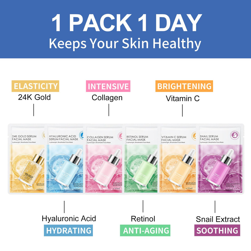 GUOYAOLIFU 24 Pack Serum Sheet Masks | Hydrating & Nourishing Facial Masks for All Skin Types