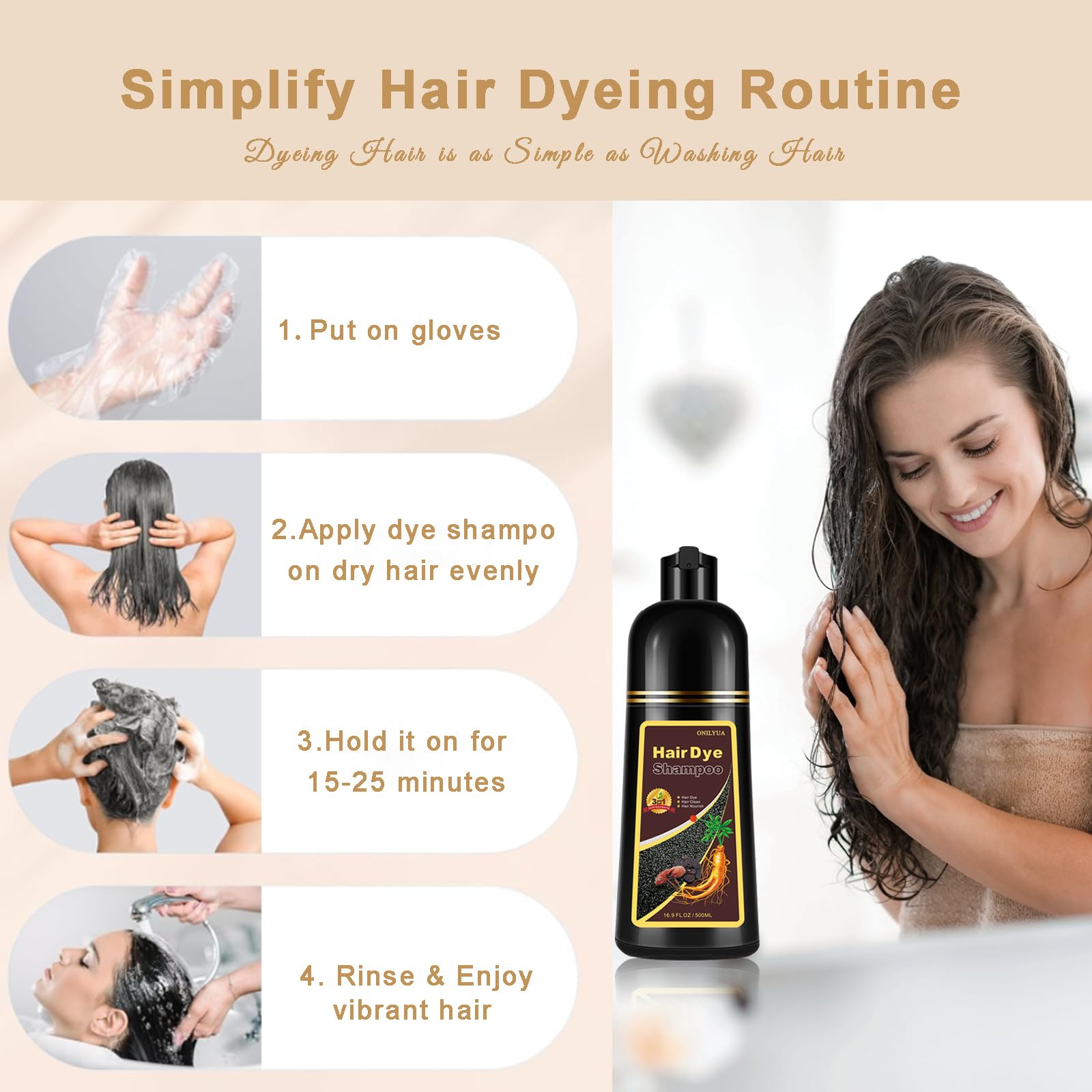 GURKOOYD Coffee Hair Dye Shampoo – Long-Lasting Brown Color, 16.9 fl oz, Easy to Use