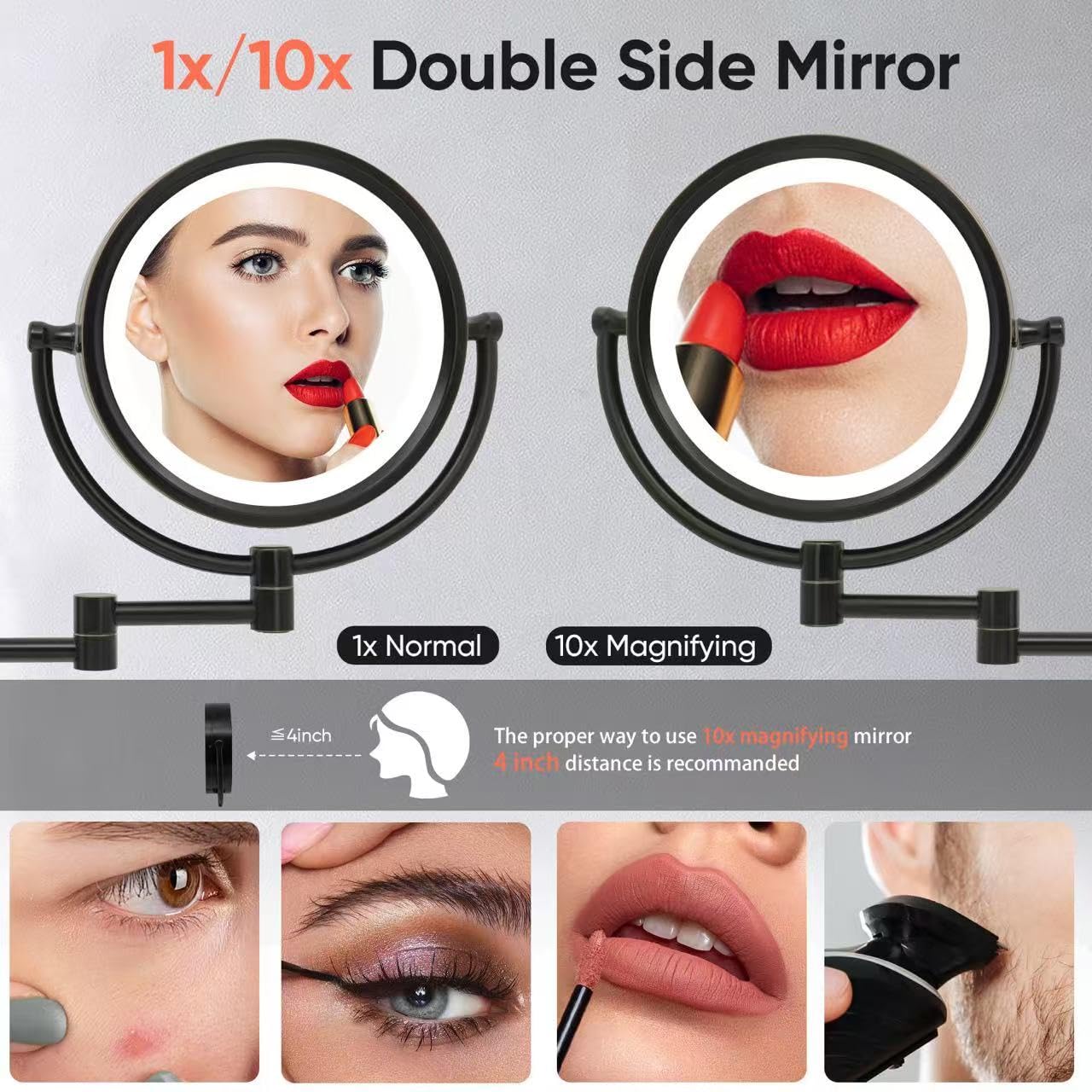 GURUN 8.5-inch Plug-in Magnifying Makeup Mirror with 10X Magnification, 3 LED Tones – Oil-Rubbed Bronze (M1809DO)