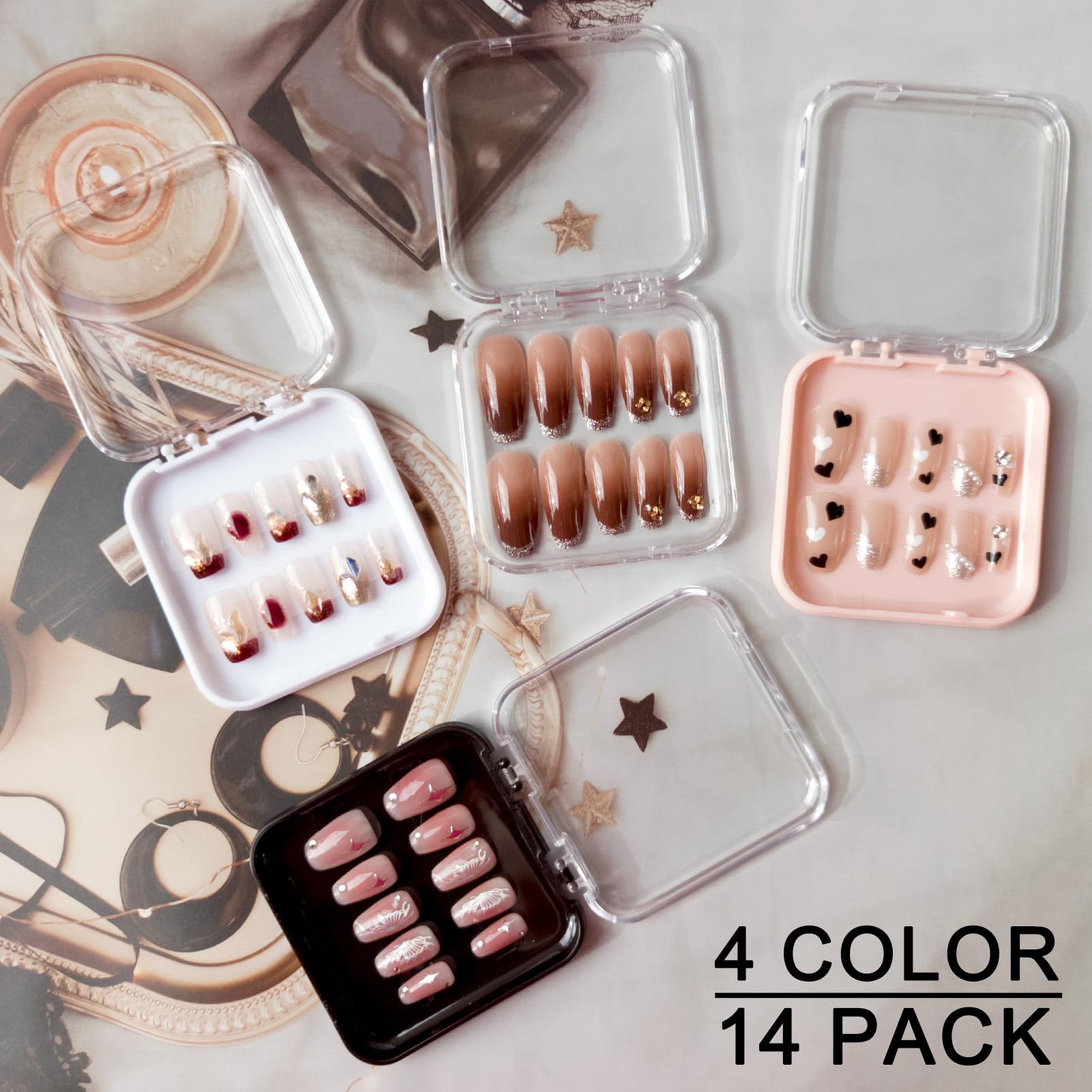 GUXACU 14-Pcs Nail Packaging Box Kit with 60 Tapes | Nail Storage and Display